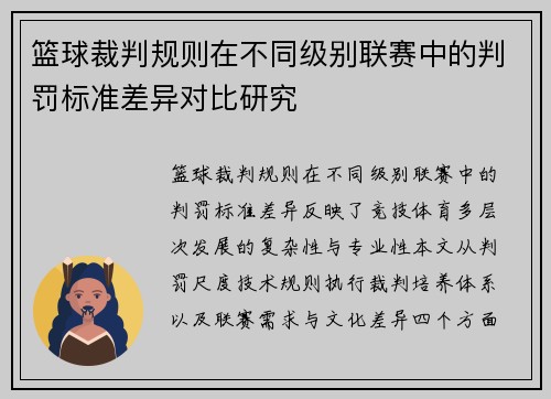 篮球裁判规则在不同级别联赛中的判罚标准差异对比研究